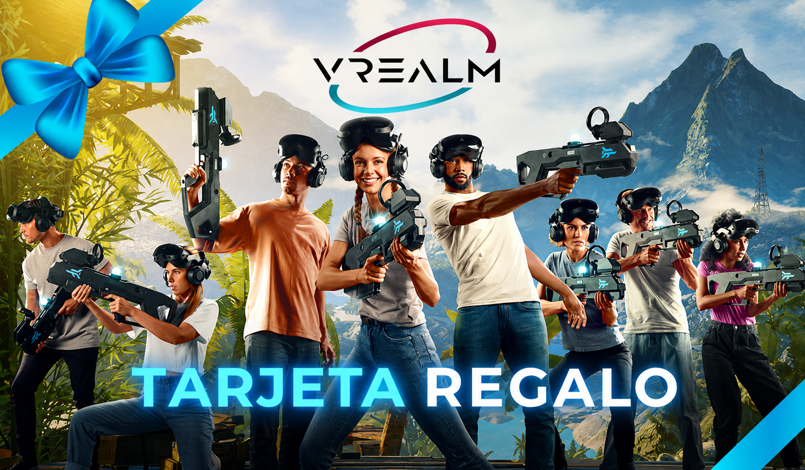 Tarjeta regalo VRealm con un equipo de jugadores de realidad virtual y un lazo azul
