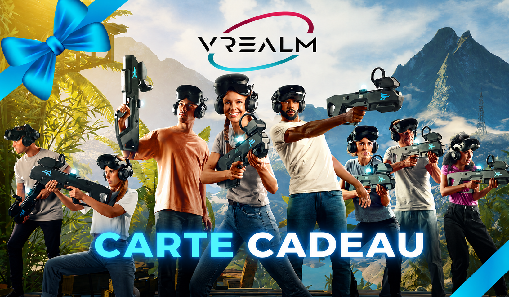 Carte cadeau VRealm avec une équipe de joueurs en réalité virtuelle et un ruban bleu