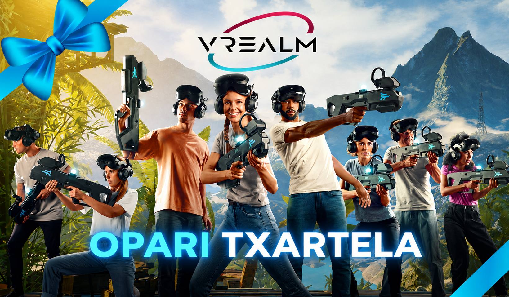 VRealm opari txartela, errealitate birtualeko jokalari talde batekin eta lazo urdin batekin